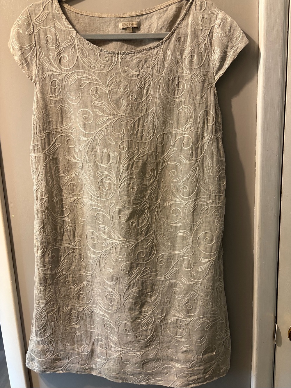Embroidered Light Gray Dress with Cap Sleeves